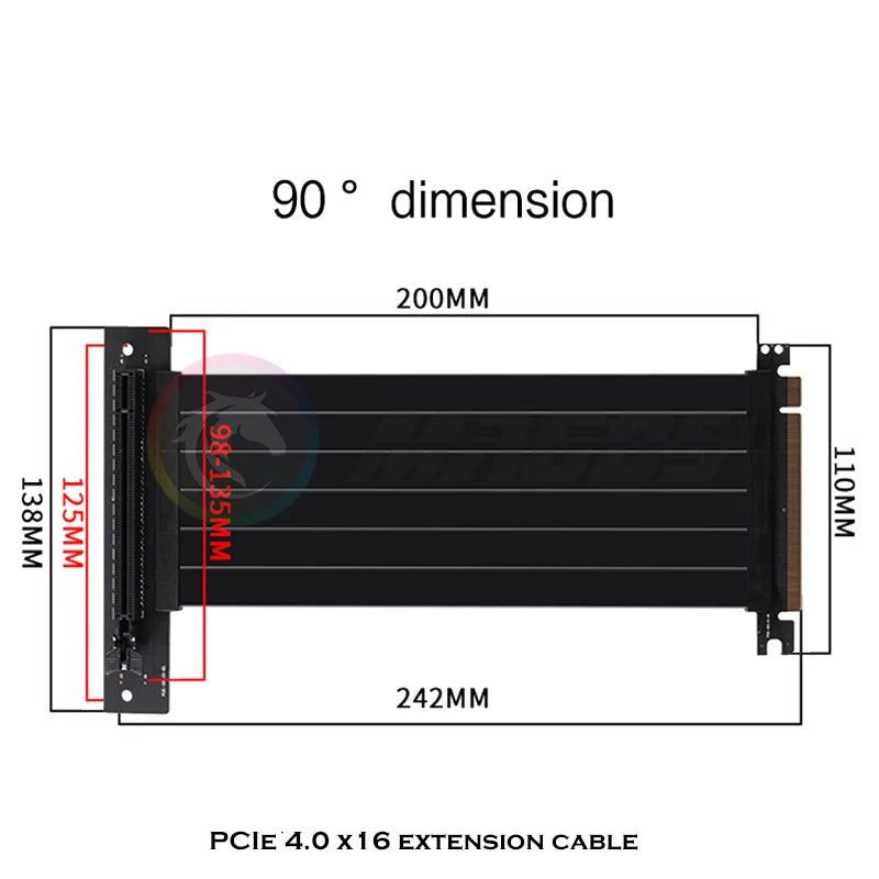 PCIE 4.0 X16 Riser Cable Video Card Extension Shielded Flexible 90°